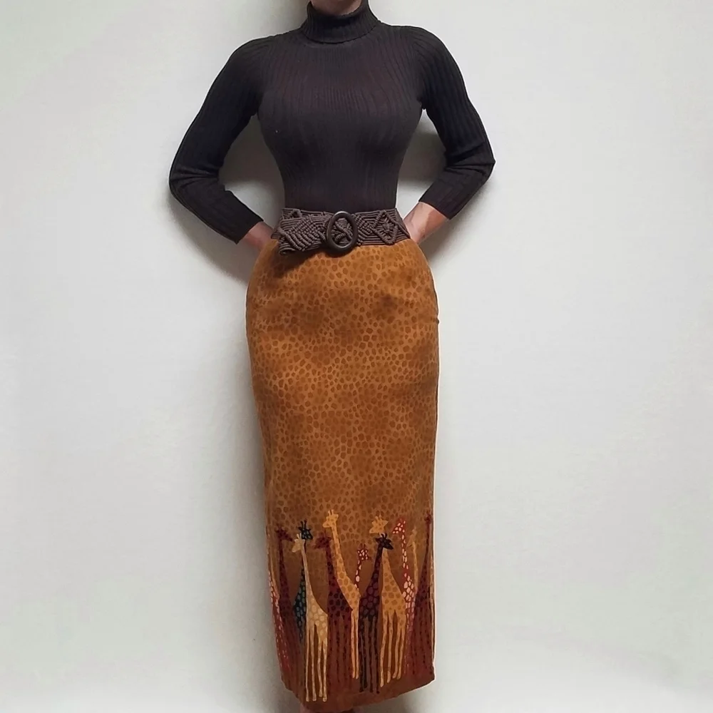 80s Vintage F.L. Malik Spotted Giraffe Print High Rise Back Slit Maxi Skirt 10